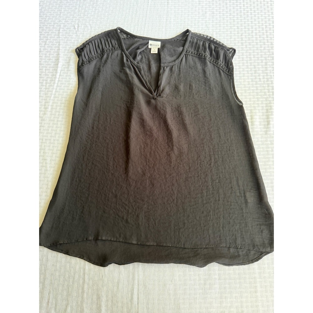 Stylus Womens Black Sleeveless Boho V-Neck Blouse Pleated Shoulder Size M‎